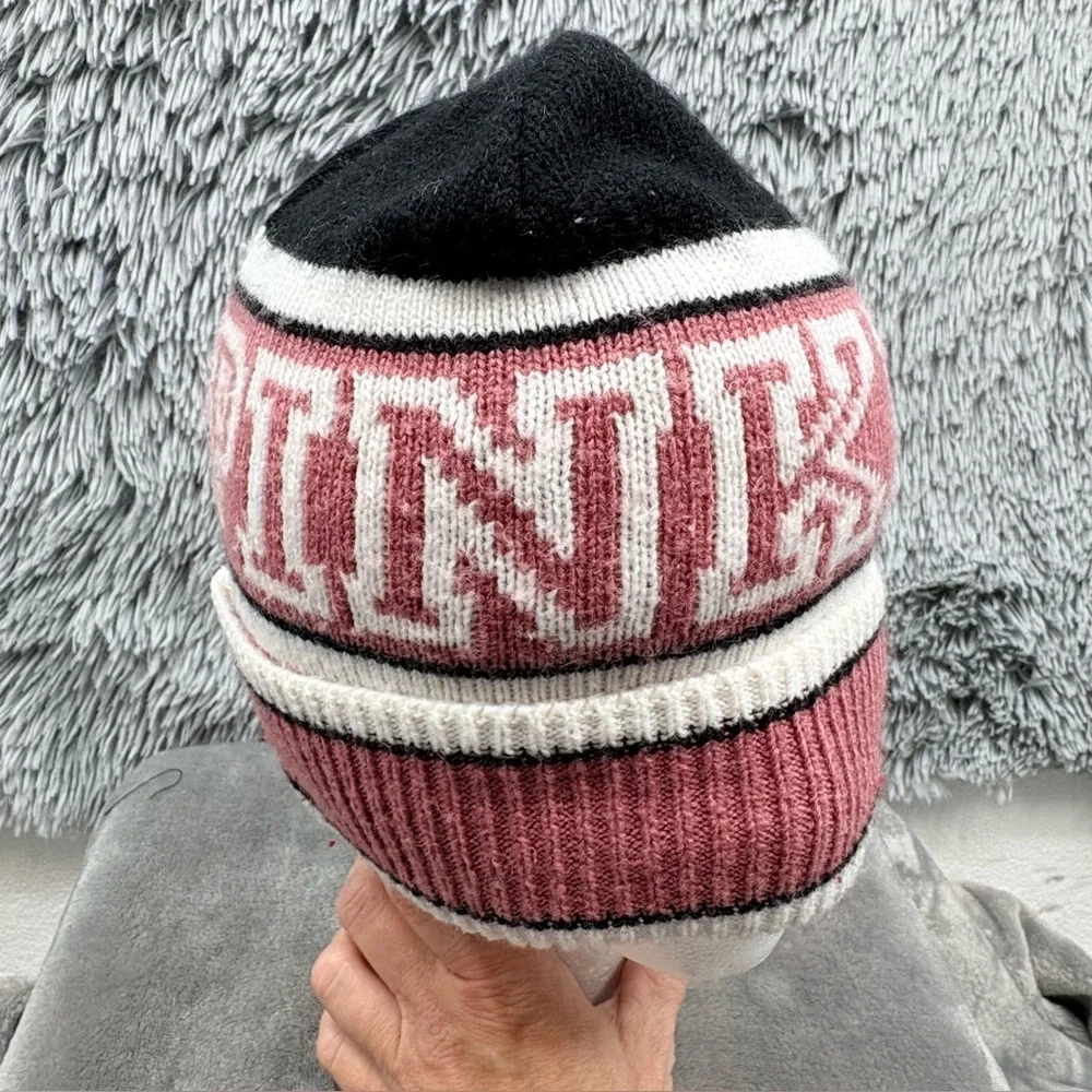 Pink Victorias Secret Beanie Stocking Cap One Size Pink Nation Knit Pink White
